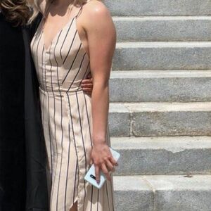 Elegant Beige and Black Striped Maxi Dress